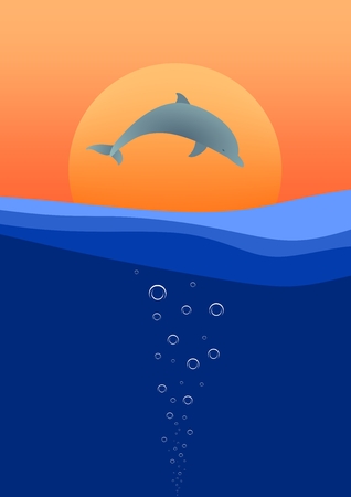 Landscape with the sunset with the jumping dolphins above the sea surface with waves and bubbles  のイラスト素材