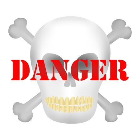 Human skull with yellow teeth and dark holes for eyes and nose with two crossed bones of men and red danger noticeのイラスト素材