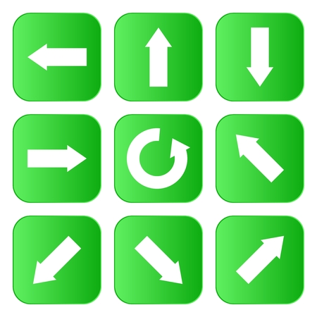 Set of white arrows showing in different directions on green squares in a row and the rowのイラスト素材