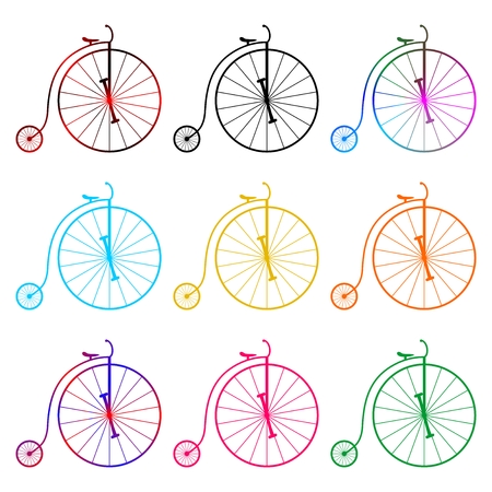 Set of colorful historic bicycles in a row and the row on a white backgroundのイラスト素材