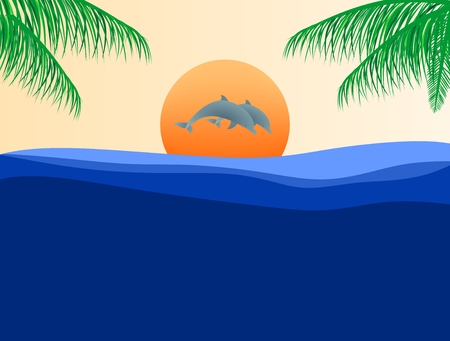 Holiday summer landscape with the jumping dolphins above the sea surface at sunset with orange sun in the background and green palms on the sidesのイラスト素材