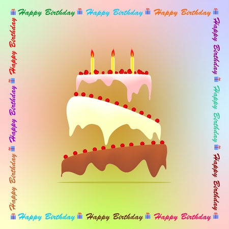 Colored birthday greeting with a birthday cake with colored frosting and three candles with fruits with cherries with inscription happy birthday with some gift with ribbonのイラスト素材