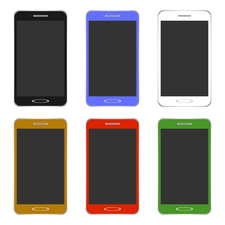 Set of modern color touch phones of different colors black, gold, white, green, red and blue with a black a display speaker and button with silver frame on a white backgroundのイラスト素材