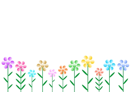 White background with colorful flowers of different colors, shapes and sizes in a row down side by side. Blossoming flowers in the meadow with green stems and green leafsのイラスト素材