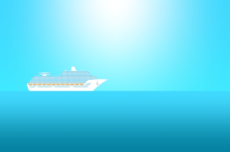 Summer sea landscape with blue sea and blue sky with shining sun and ocean with a large transatlantic cruise ship with windows, orange lifeboat and a black anchor with chain floating on the horizonのイラスト素材