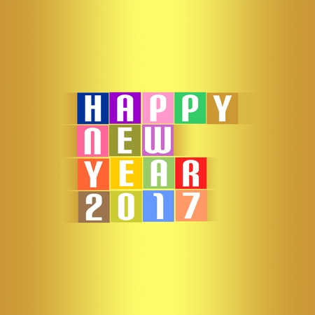 New Year Greetings for 2017 with white lettering happy new year 2017 on the colored squares with shadow in the middle on a gold backgroundのイラスト素材