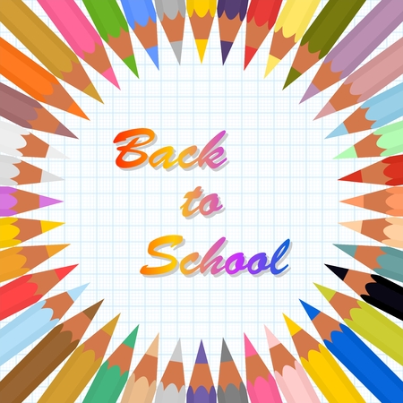 Back to school poster with colorful crayons in a circle on a background of graph paper from blue lines and colored inscription advancing to a school in the middleのイラスト素材