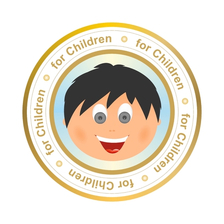 Gold stamp indicating quality children's products.Heading tags for children's products down laughing child faces in the middle on a white backgroundのイラスト素材