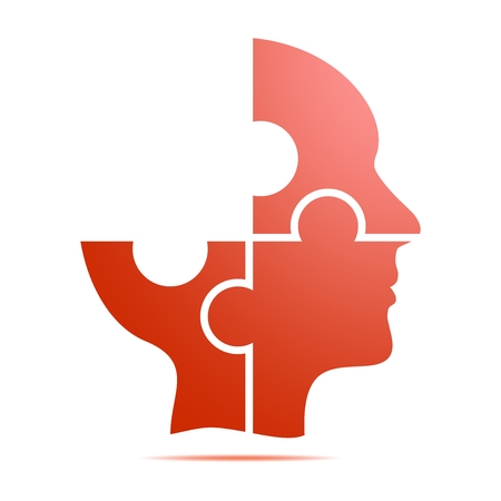 The color red human head composed of red puzzle pieces with gray shadow below the head on a white background.Incomplete human head composed of geometric elementsのイラスト素材