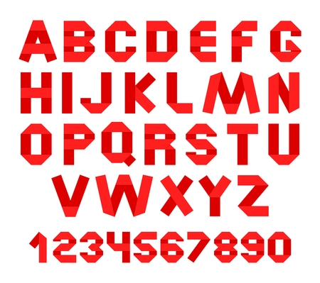 Red vector a graphic design alphabet and numbers composed of the folded paper with shadow on a white backgroundのイラスト素材