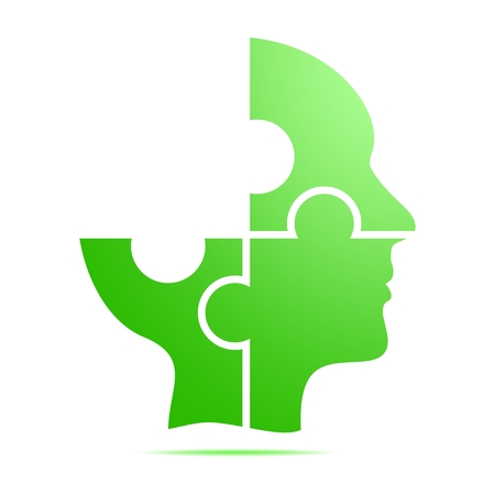 The color green human head composed of red puzzle pieces with gray shadow below the head on a white background.Incomplete human head composed of geometric elementsのイラスト素材