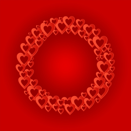 Valentines red background with dark red circle with a ring of red hearts composition. Greeting for lovers and for Mother's Dayのイラスト素材