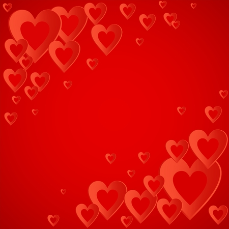 Valentines red background with bright red heart with the composition of red hearts in the corners. Greeting for lovers and for Mother's Dayのイラスト素材