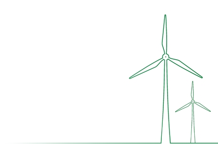 Green contour of two wind turbines on a meadow on a white background: Abstract background for environmental energy in the countryのイラスト素材