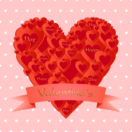 Pink Valentine greeting with a heart composed of small red hearts with ribbon with gold lettering valentines on a pink backgroundのイラスト素材