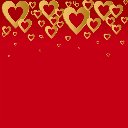 Valentines red background with bright gold heart with the composition of gold hearts in a row up. Greeting for lovers and for Mother's Dayのイラスト素材