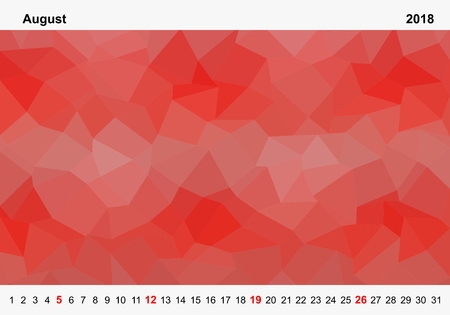 Simple color calendar of red colored triangles for august for the year 2018.Month name and year numbers up and down the pictures with red Sunday on white backgroundのイラスト素材