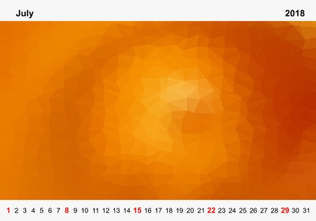Simple color calendar of orange colored triangles for july for the year 2018.Month name and year numbers up and down the pictures with red Sunday on white backgroundのイラスト素材
