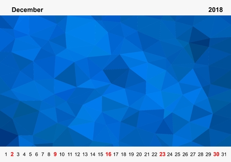 Simple color calendar of blue colored triangles for december for the year 2018.Month name and year numbers up and down the pictures with red Sunday on white backgroundのイラスト素材