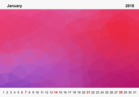 Simple color calendar of colored triangles for january for the year 2018.Month name and year numbers up and down the pictures with red Sunday on white backgroundのイラスト素材