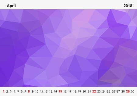 Simple color calendar of purple colored triangles for april for the year 2018.Month name and year numbers up and down the pictures with red Sunday on white backgroundのイラスト素材