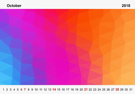 Simple color calendar of colored triangles for october for the year 2018.Month name and year numbers up and down the pictures with red Sunday on white backgroundのイラスト素材