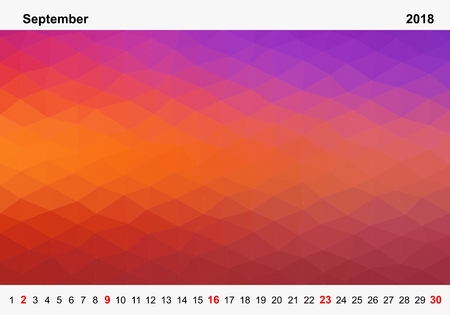 Simple color calendar of colored triangles for september for the year 2018.Month name and year numbers up and down the pictures with red Sunday on white backgroundのイラスト素材