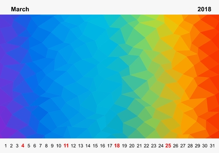 Simple color calendar of colored triangles for march for the year 2018.Month name and year numbers up and down the pictures with red Sunday on white backgroundのイラスト素材