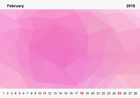 Simple color calendar of pink colored triangles for february for the year 2018.Month name and year numbers up and down the pictures with red Sunday on white backgroundのイラスト素材