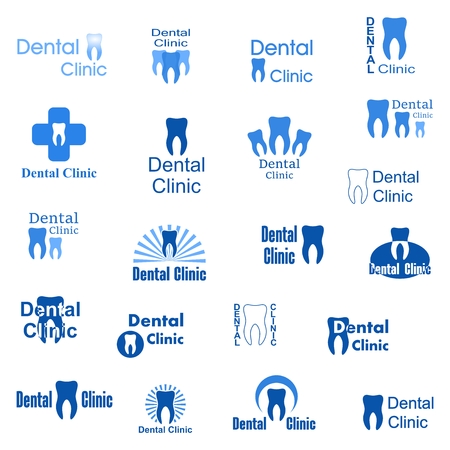 Abstract icons for dental clinic. Set logo with blue lettering with human teeth and dental hygiene on a white backgroundのイラスト素材