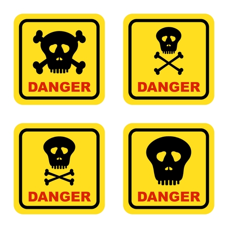 Set warning yellow signs with black contour danger to human skulls and human bones crossed on a white backgroundのイラスト素材