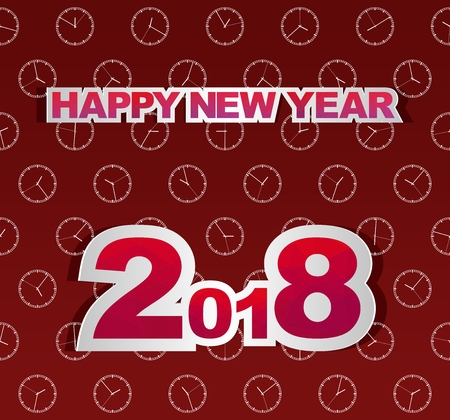 Dark red New Year Greetings for 2018 with white the watch different time with watch face with labels 2018 happy new year on white background. Labels of geometric elements with contour on red backdropのイラスト素材