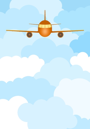 Yellow flying transport aircraft with jet engines and wings with a lit cabin in blue and white cloudsのイラスト素材