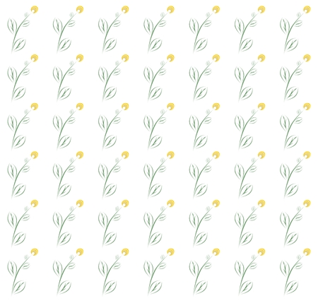 Spring background with yellow flowers with green leaves and stems in a row side by side and one below the other on a white backgroundのイラスト素材