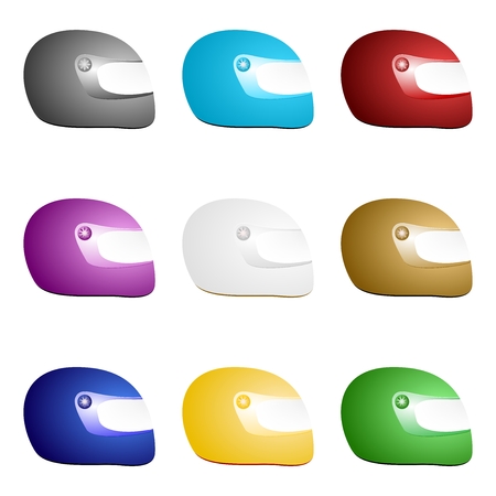 Set of colorful classic motorcycle helmets in a row side by side and one below the other.のイラスト素材