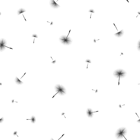 Spring black and white background with black flying dandelion seeds on a white backgroundのイラスト素材