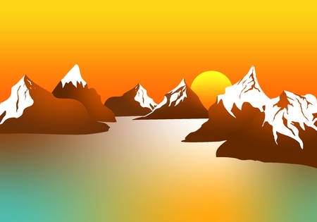 Morning landscape with mountains and orange sky at sunrise with sun.のイラスト素材