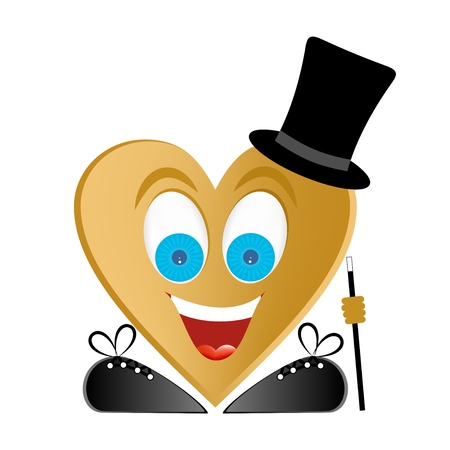 Joyful man figure gold heart, blue eyes, big smile with white teeth and red tongue with black shoes and laces with walking stick in hand, white glare in the eyes, black top hat on a white backgroundのイラスト素材
