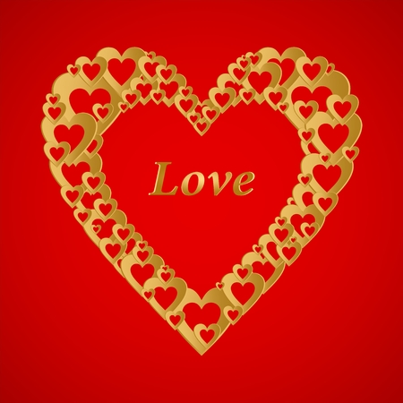 Large gold Valentine hearts composed of small colored hearts with the word love in the middle on a red background.のイラスト素材