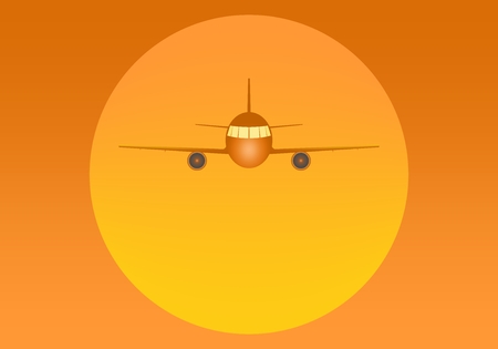 Orange flying airliner with engines and windows from the front with a large yellow sun in the back on an orange background. Air transport at sunsetのイラスト素材