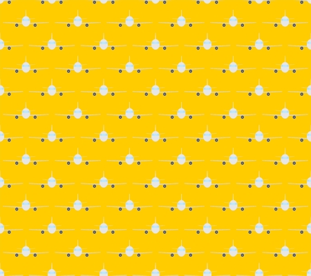 Background with white trip transport flying aircraft with two jet engines and wings with blue windows in a row next to each other and alternately under him. Fly airplane transport on a yellow backdropのイラスト素材