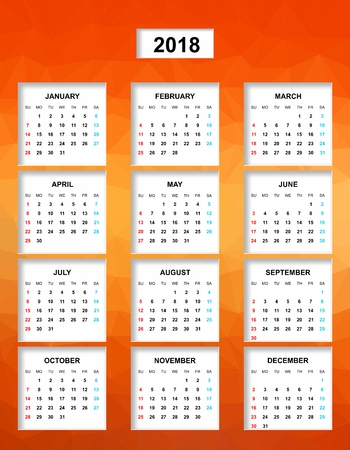 Simple color calendar for the year 2018. The names of days and months in a row and Sunday marked red, saturday blue on a background with orange colored trianglesのイラスト素材