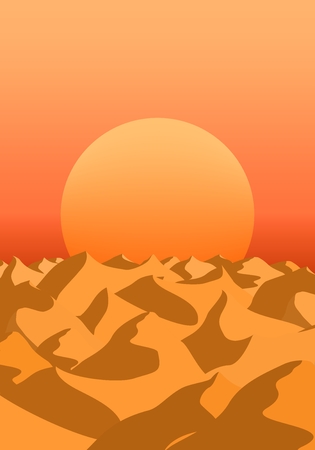 Summer morning landscape with exit orange sun over the horizon of the desert with sand dunes with shadowのイラスト素材