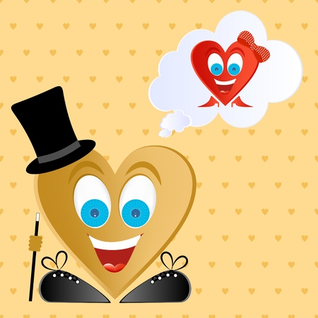 Joyful man figure gold heart, blue eyes, big smile with white teeth and red tongue with black shoes and laces with walking stick in hand, white glare in the eyes, black top hat. Boy dreams of a girlのイラスト素材