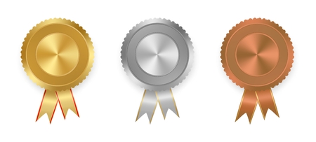 Set of vector labels gold, silver and bronze with ribbons with red and gold ribbon with white on white background. Collection of world winning award medals . Gold medal, bronze medal, silver medalのイラスト素材