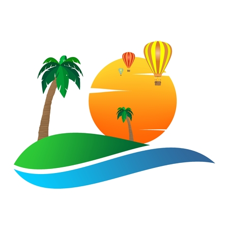 Summer landscape icon with orange sunset, with palm tree on hill on with colorful hot air balloons flying and white clouds . Holiday greeting for a romantic trip with water. A sign for environmentalのイラスト素材