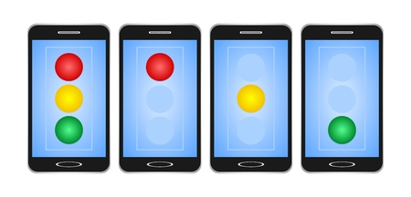 Set of black switched smartphones with blue display with red, yellow and green light on traffic light on white background. The traffic lights on the mobile phone stand, watch out for freeのイラスト素材