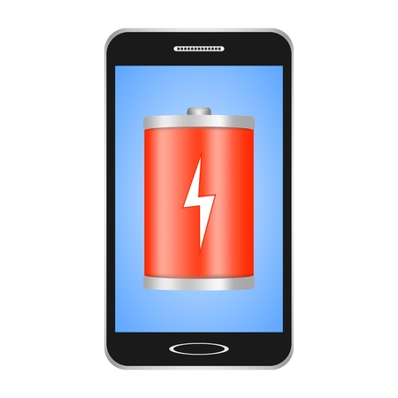 Black switched smartphones with blue display with a red flashlight with a white flash showing the phone's charge on a white backgroundのイラスト素材
