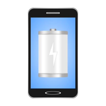 Black switched smartphones with blue display with a white flashlight with a white flash showing the phone's charge on a white backgroundのイラスト素材