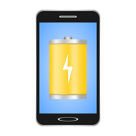 Black switched smartphones with blue display with a yellow flashlight with a white flash showing the phone's charge on a white background.のイラスト素材